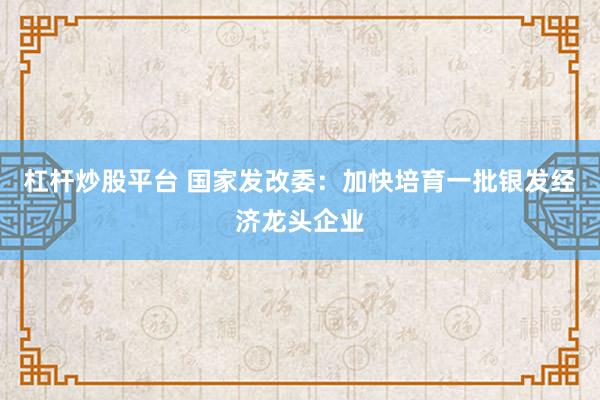 杠杆炒股平台 国家发改委：加快培育一批银发经济龙头企业